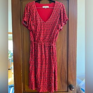 Like New Loft Red Flutter Sleeve Jersey Tie Waist Dress